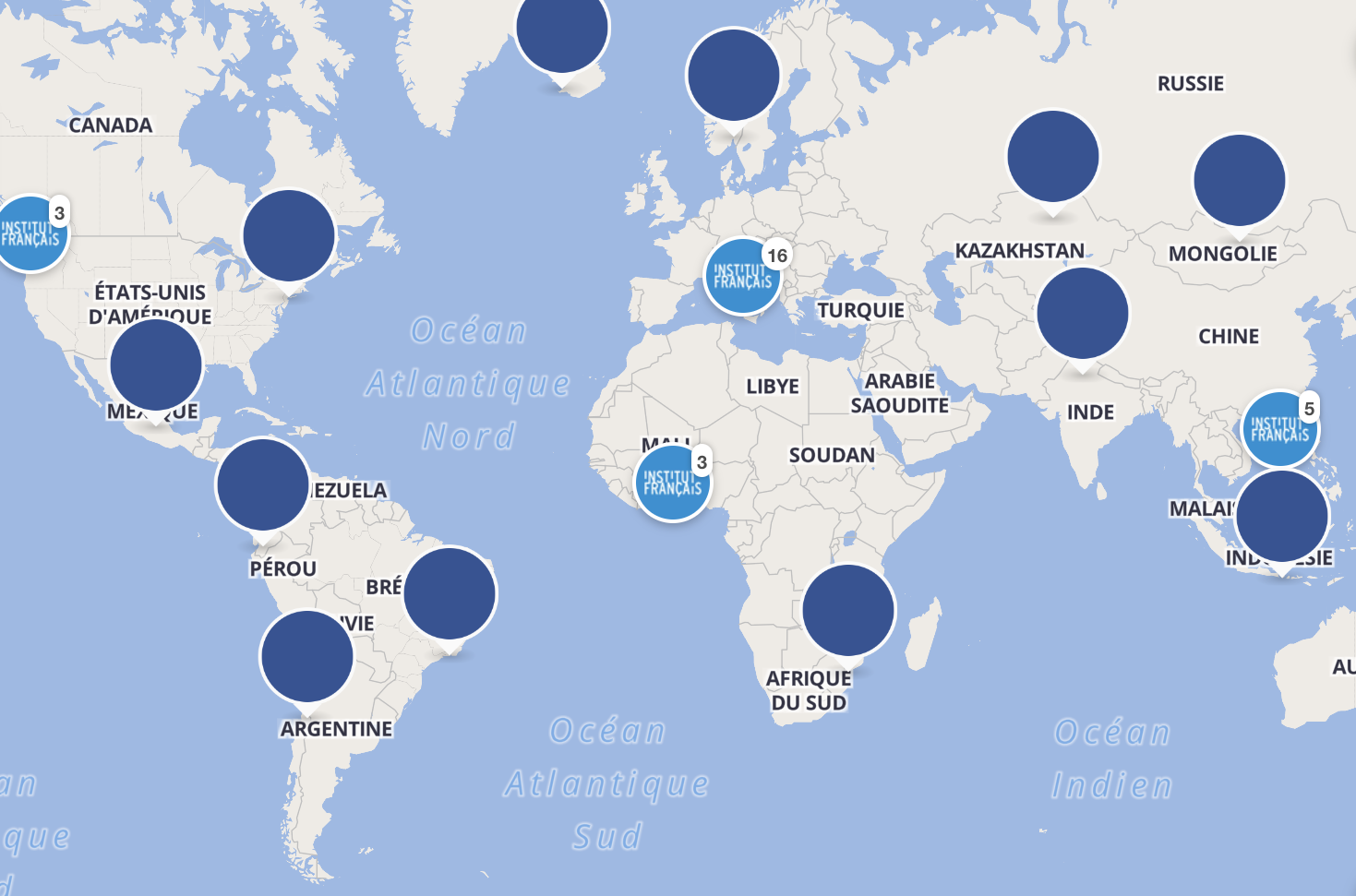 Carte des résidences de l'Institut français