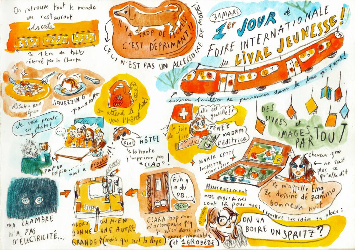 Illustration d'Emma Bertin, autrice marseillaise, ayant pour thème la Foire de Bologne.