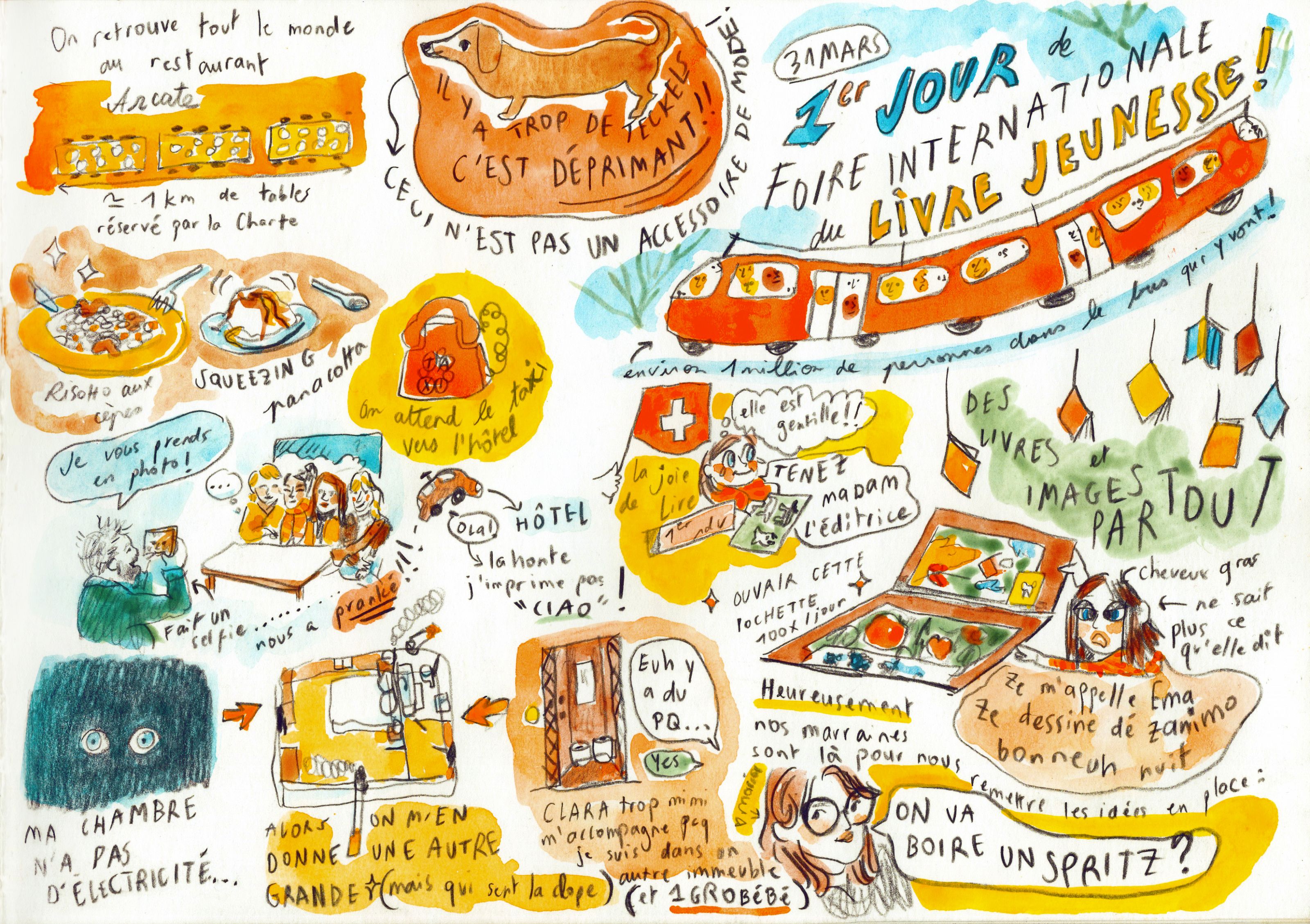 Illustration d'Emma Bertin, autrice marseillaise, ayant pour thème la Foire de Bologne.