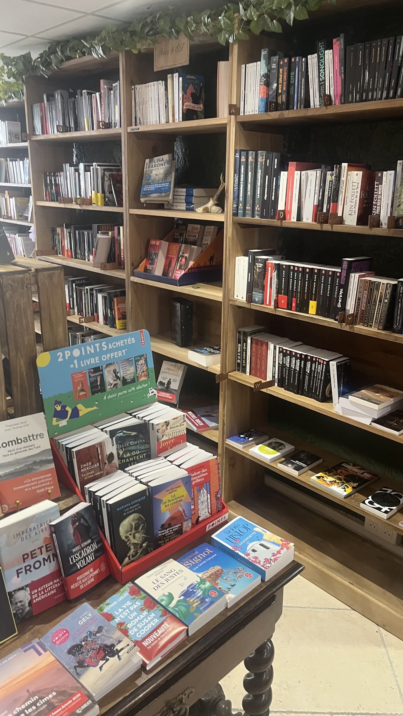 Intérieur de la librairie Sacrés caractères à La Crau (Var). Rayonnages.