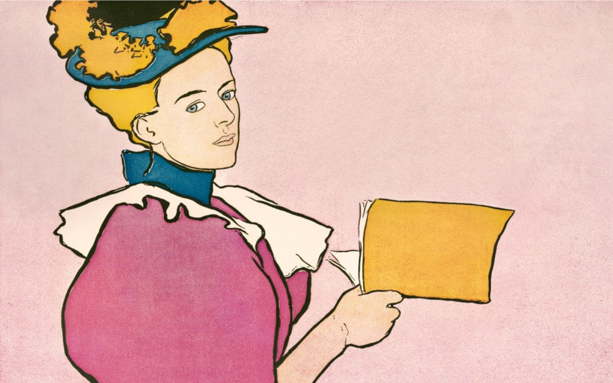 Woman Holding Book (1896) de Edward Penfield. L’œuvre représente une femme élégante tenant un livre dans un style Art Nouveau.